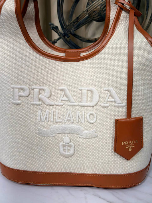 Large Shopping Bag  in Linen and Leather Blend